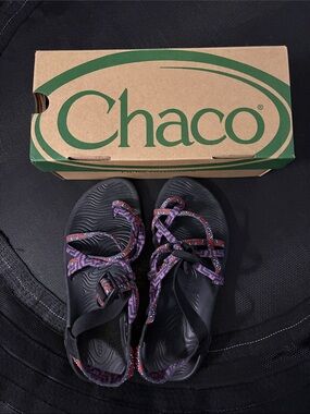 Chaco Black Sandals with Purple and Red Patterned Straps